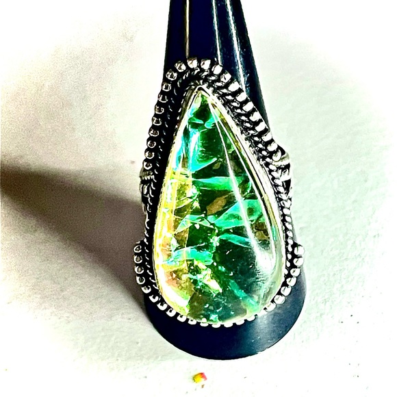 New 925 Sterling Silver Green Yellow Triplet Opalite Artisten Tear Drop Ring - Picture 17 of 17